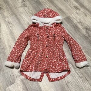 Little Lass Floral‎ Hooded Jacket Faux Fur Trimmed Pockets Girls Size 6